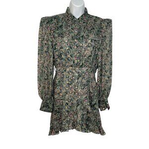 Rococo Sand Mini Shirt Dress Sheer Metallic Paisley Button Up Collar Green Small